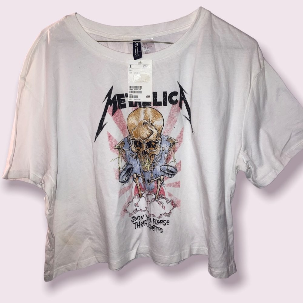 H&M Metallica White Graphic Oversized Crop Top Tee Tshirt Top